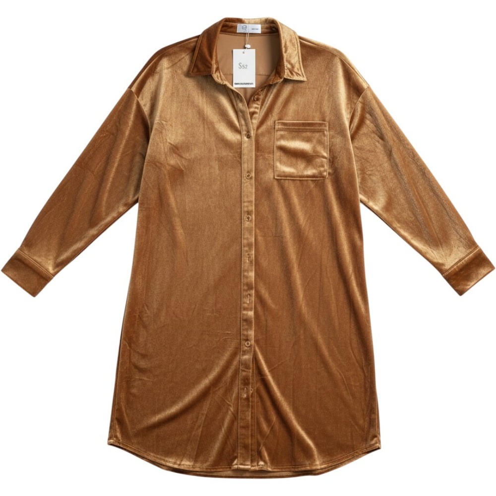 Liam &‎ Co Velvet Shirt Dress Medium Gold Button Down Pocket Luxe Party Boho